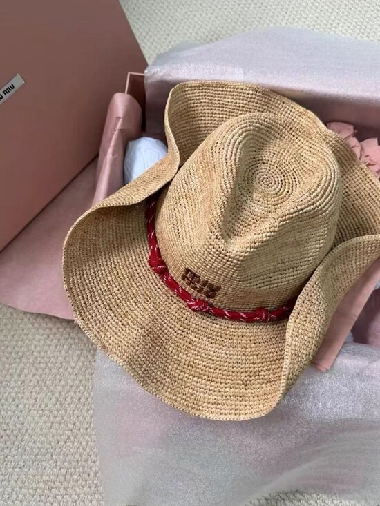 Miu Miu​​​​​​​​​​ Accessories - Miu Miu Woven Straw Red Rope Band Western Hat